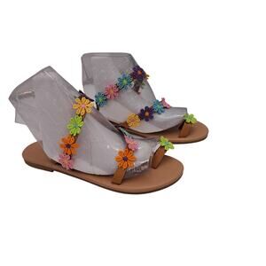 Embroidered Multicolored flower strappy flat summer Beachy toe loop sandals 40